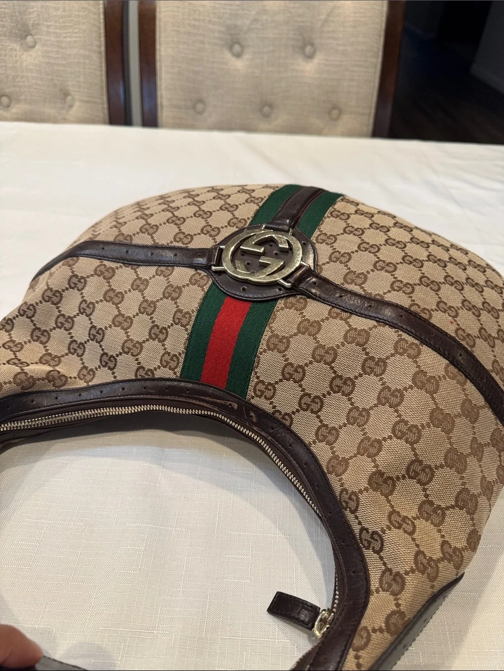 Authentic Gucci Beige GG Canvas Hobo with Red and Green Web Stripe
